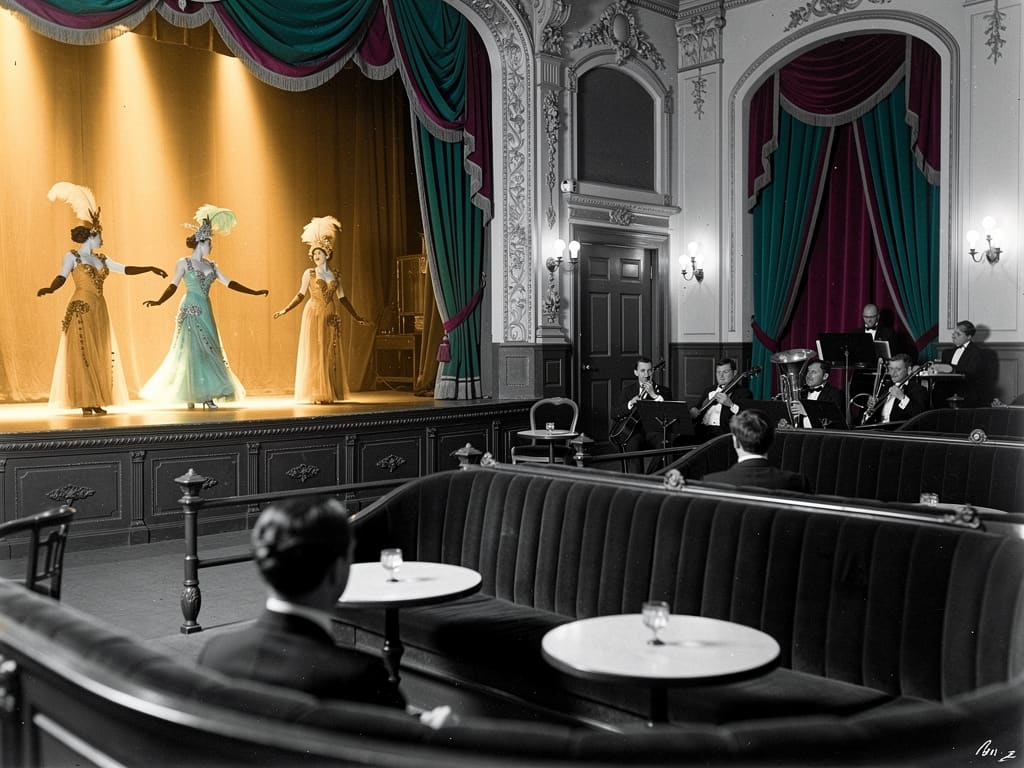 Salle de cabaret Belle Époque avec scène, artistes et orchestre