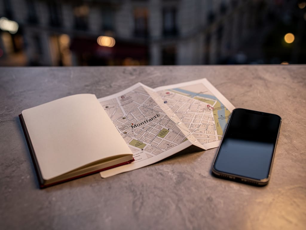 Carte de Montmartre, carnet et téléphone préparés sur une table de café