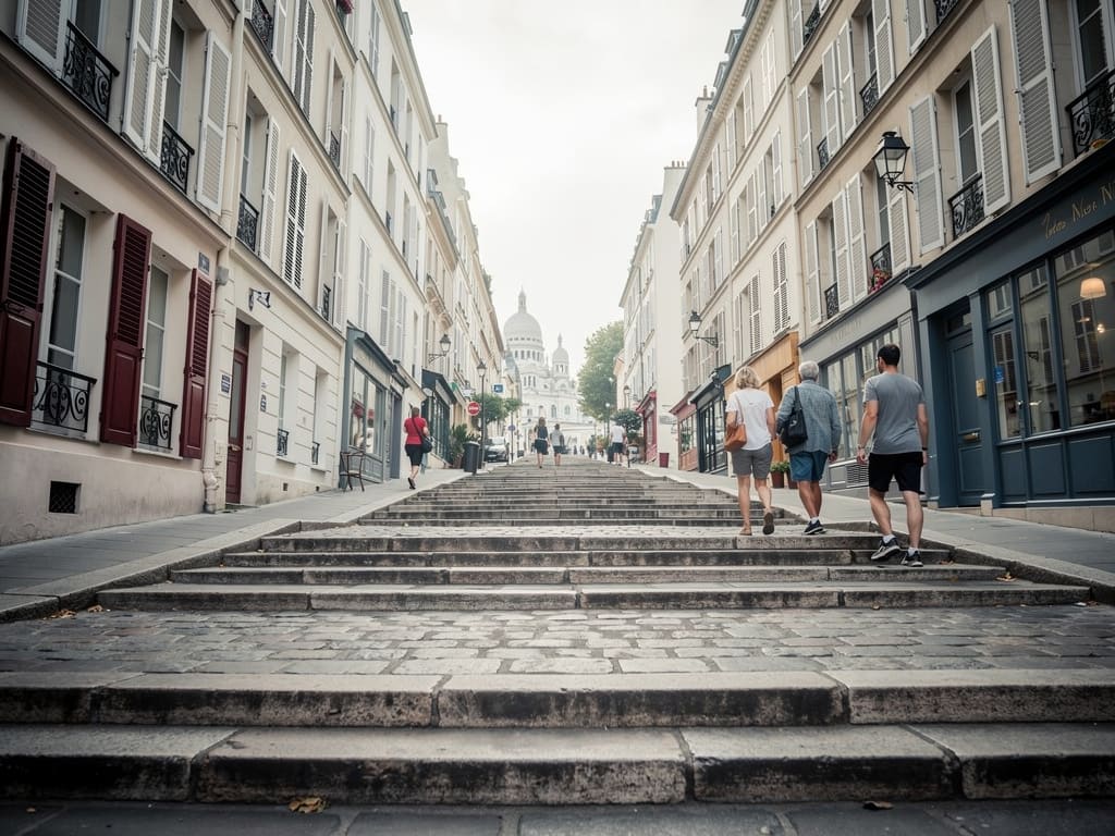 Escaliers et rue paisible de Montmartre avec quelques visiteurs