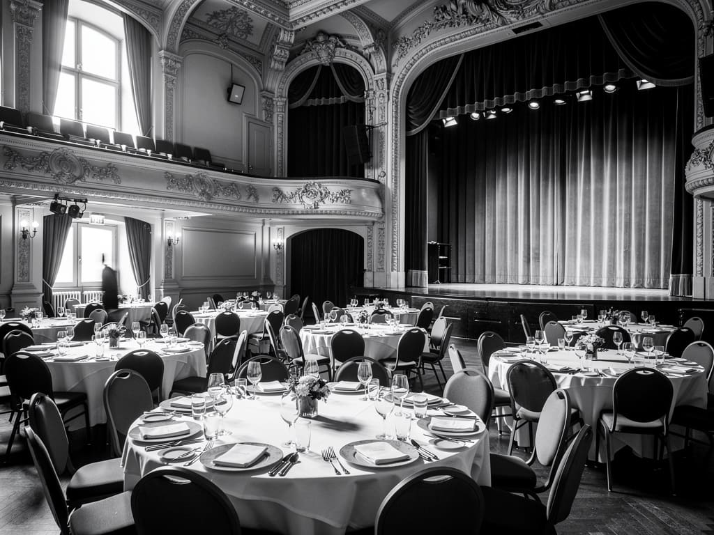 Tables dressées pour une réception privée face à la scène du cabaret
